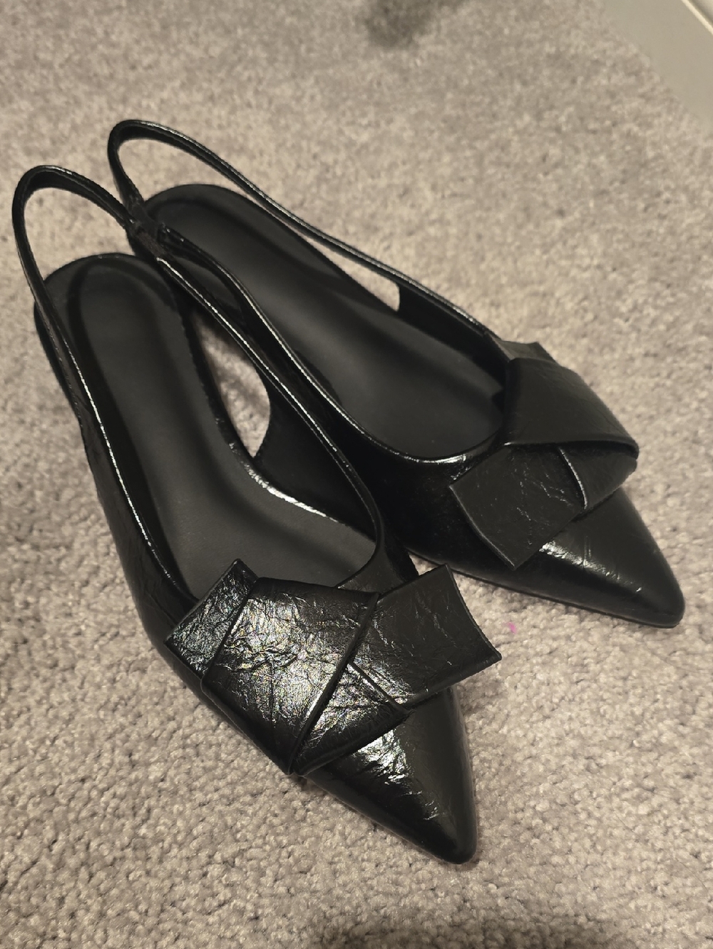 Black Pointed Slingback Flats with Decorative Bow